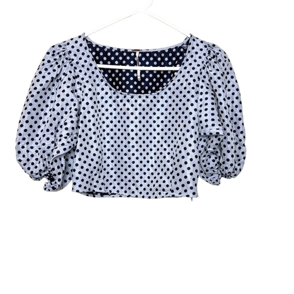 Free‎ People Revolve Puff Sleeve Blouse Cropped Polka Dot Blue Women 6
